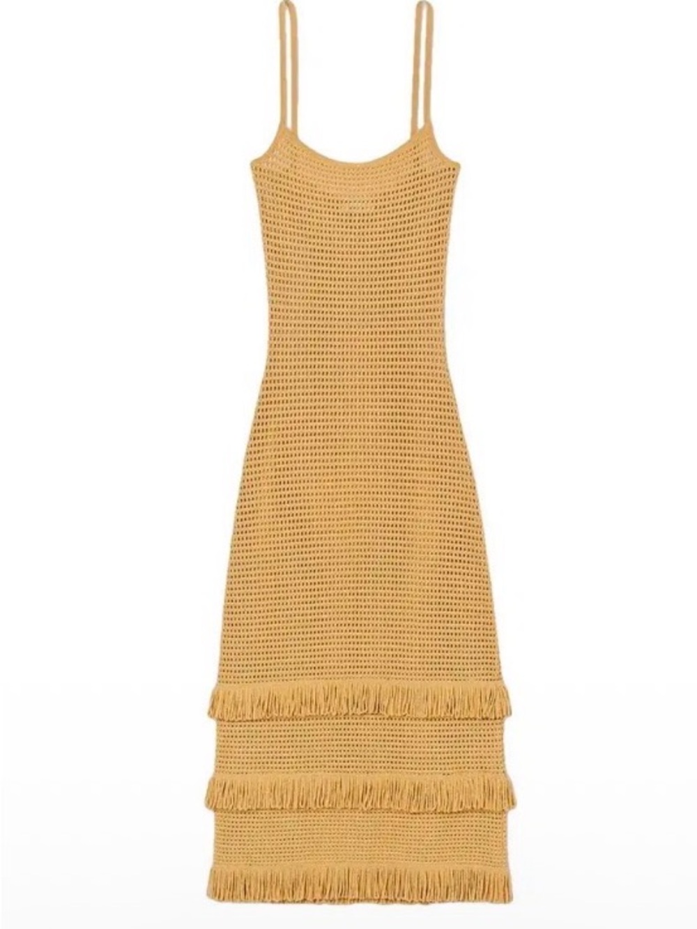 Sandro Mustard Crochet Fringe Midi Dress